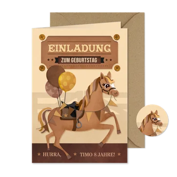Kindergeburtstagseinladung braunes Pferd mit Luftballons